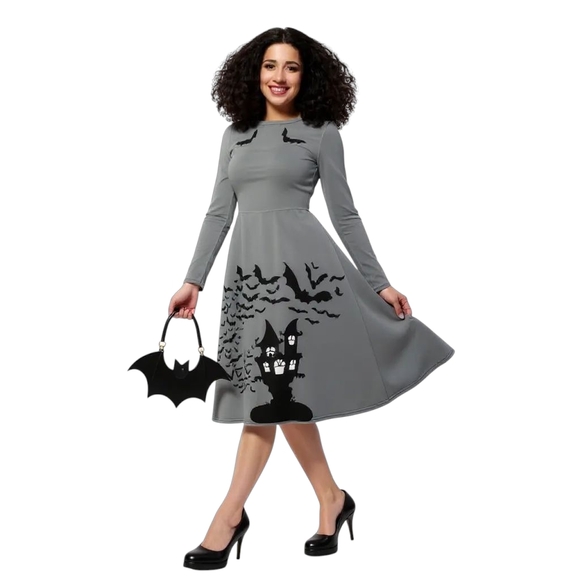 Gothic Bats Pockets Pinup Long Sleeve Dress - Picture 4 of 12